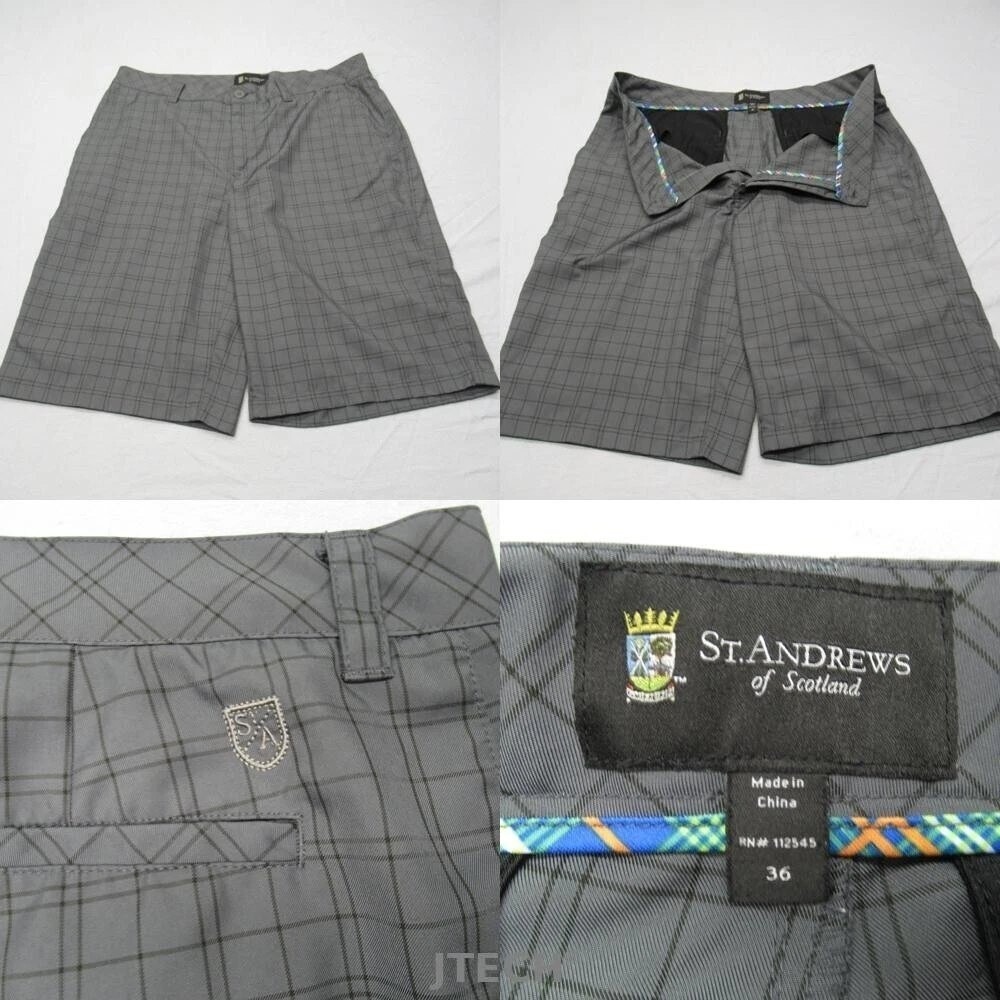 St Andrews Golf Shorts Men 36 Gray Check Scotland Pockets Zip Flat Chino 9"
